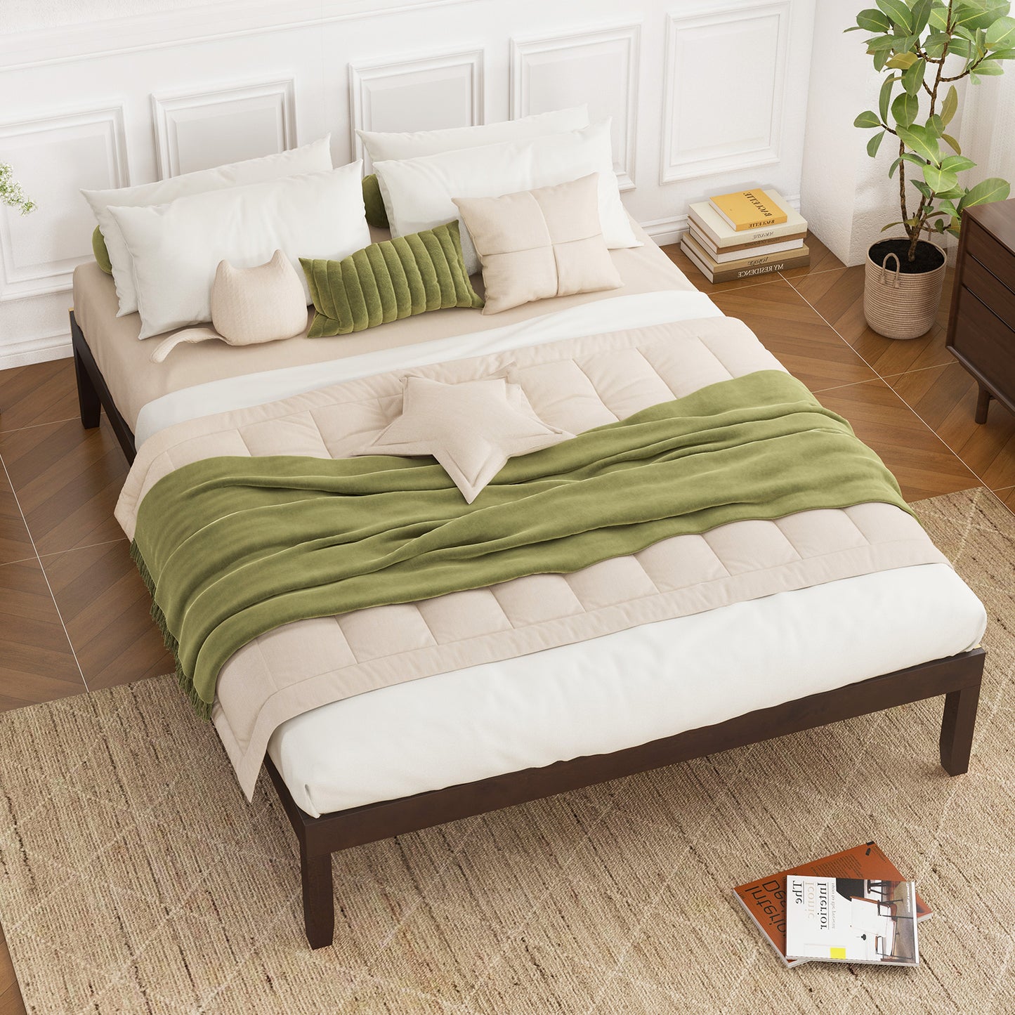 Queen Size Wood Bed Frame with Wooden Slats Support and Rubber Wood Legs-Espresso Kids Crystal