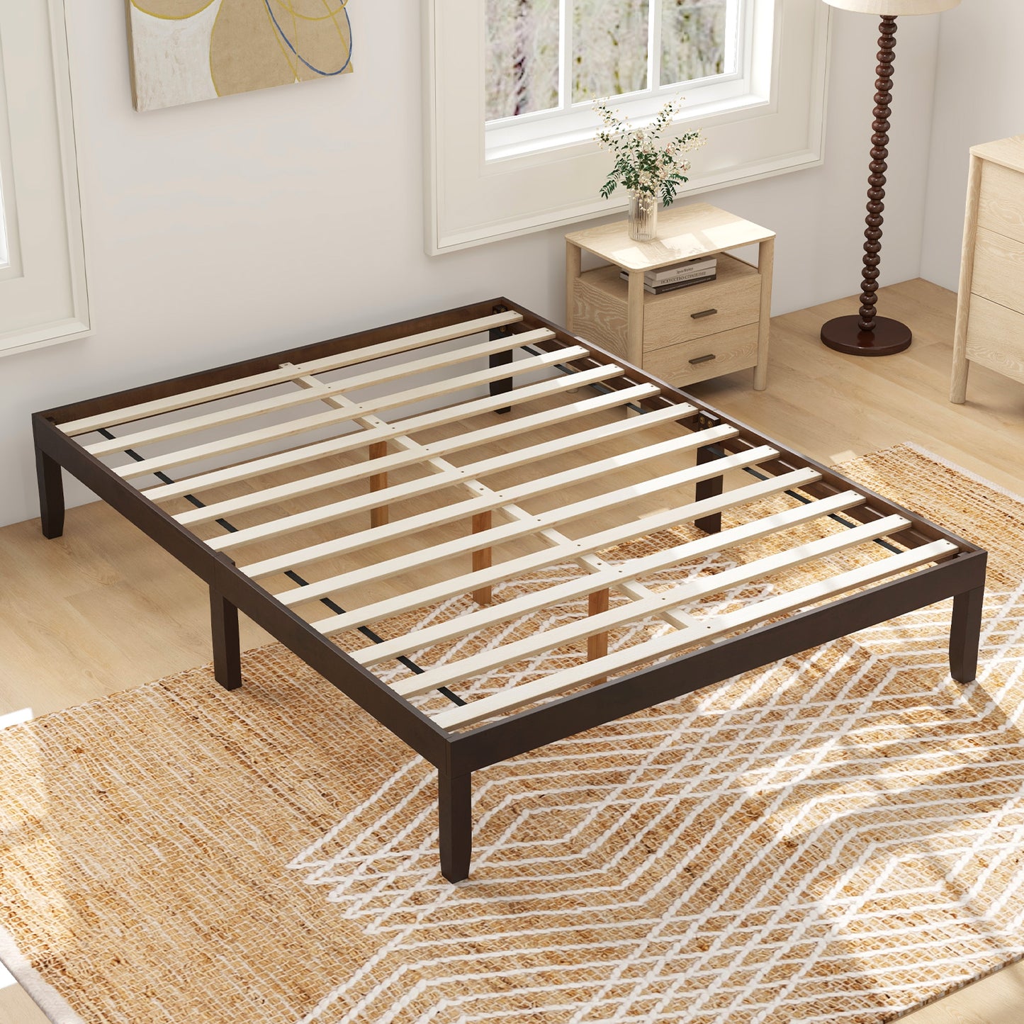 Queen Size Wood Bed Frame with Wooden Slats Support and Rubber Wood Legs-Espresso Kids Crystal