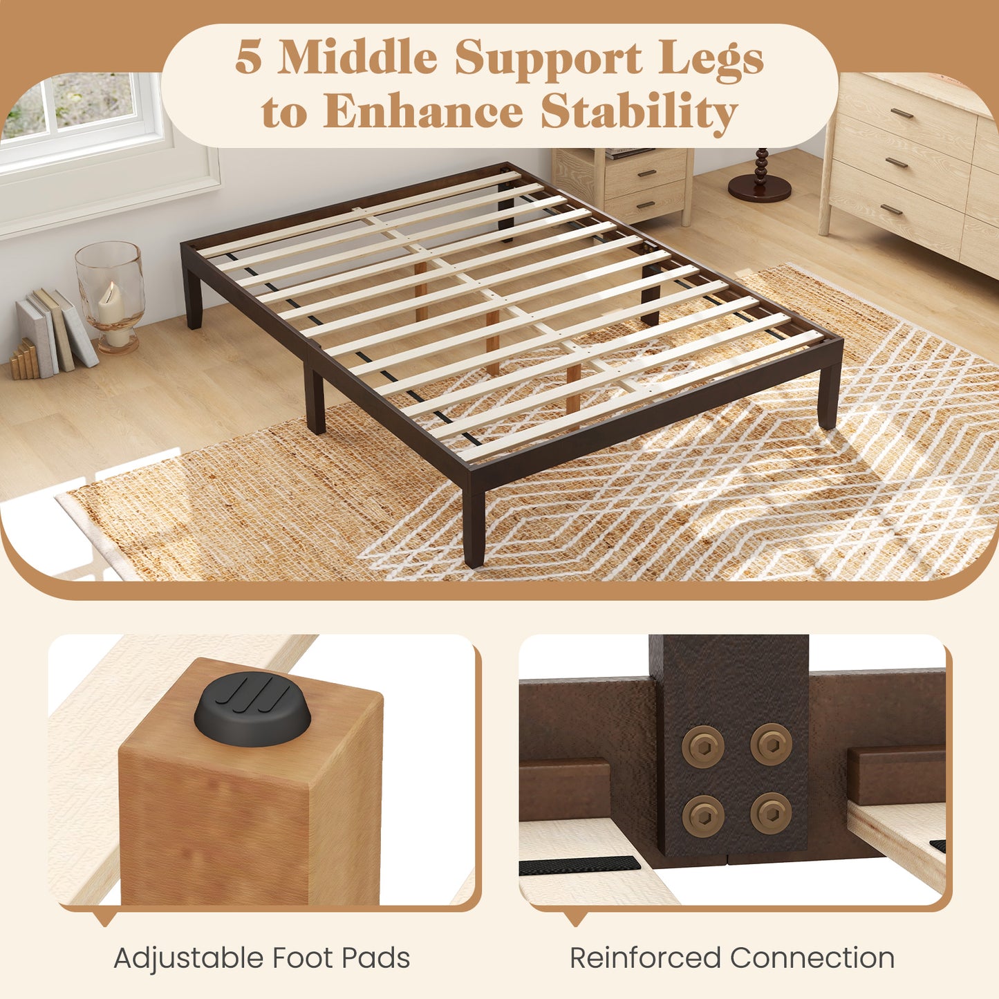 Queen Size Wood Bed Frame with Wooden Slats Support and Rubber Wood Legs-Espresso Kids Crystal