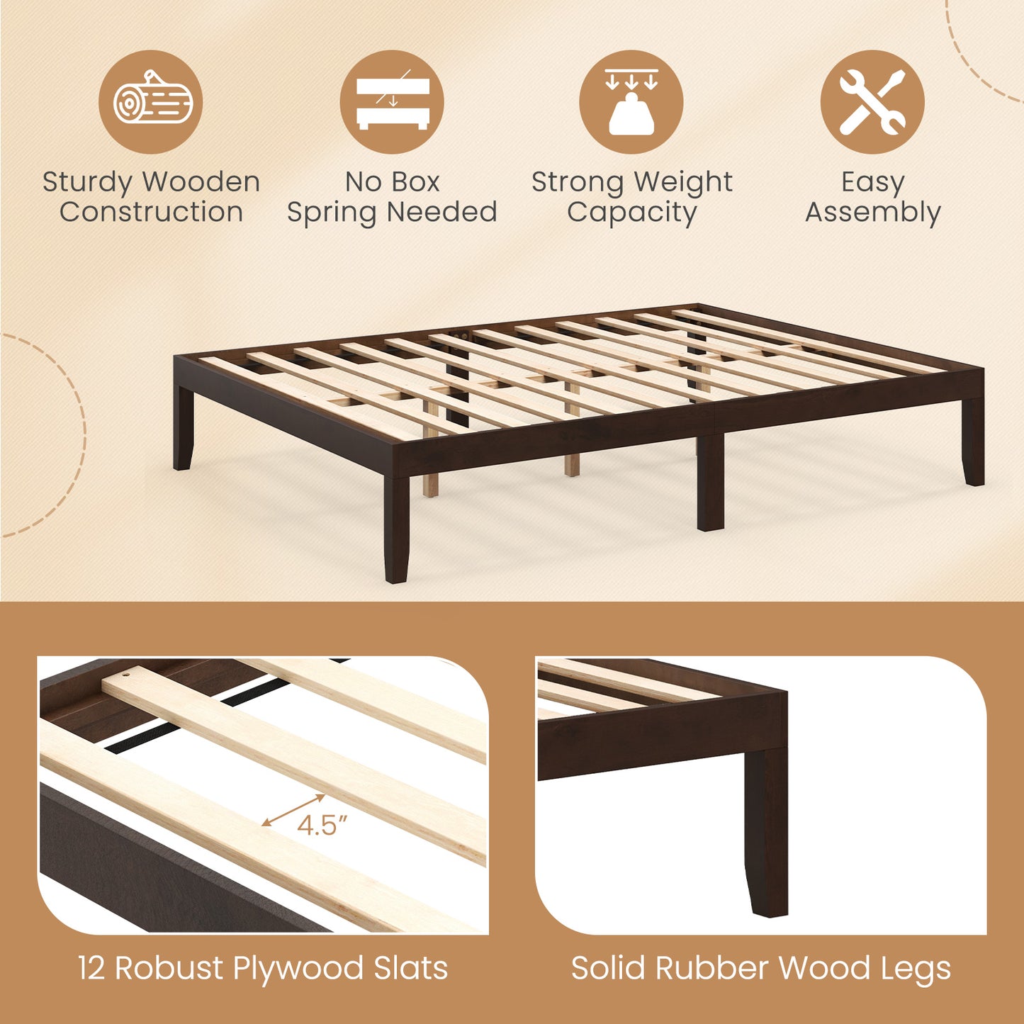 Queen Size Wood Bed Frame with Wooden Slats Support and Rubber Wood Legs-Espresso Kids Crystal