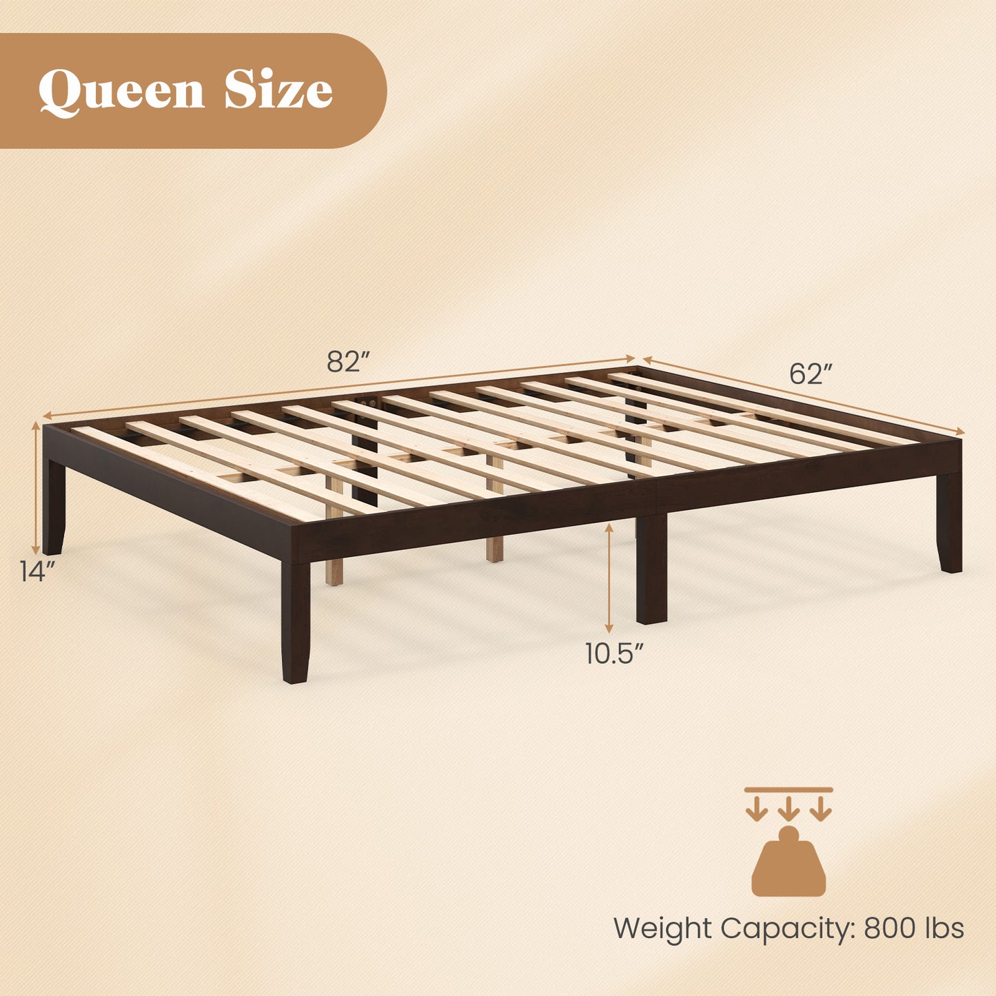 Queen Size Wood Bed Frame with Wooden Slats Support and Rubber Wood Legs-Espresso Kids Crystal