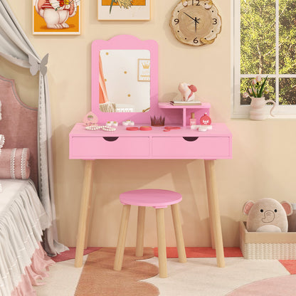 Kid Vanity Table Chair Set with Mirror and 2 Large Storage Drawers-Pink