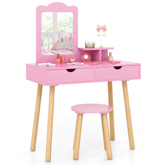 Kid Vanity Table Chair Set with Mirror and 2 Large Storage Drawers-Pink Kids Crystal