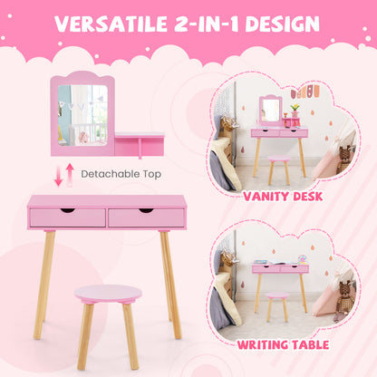 Kid Vanity Table Chair Set with Mirror and 2 Large Storage Drawers-Pink