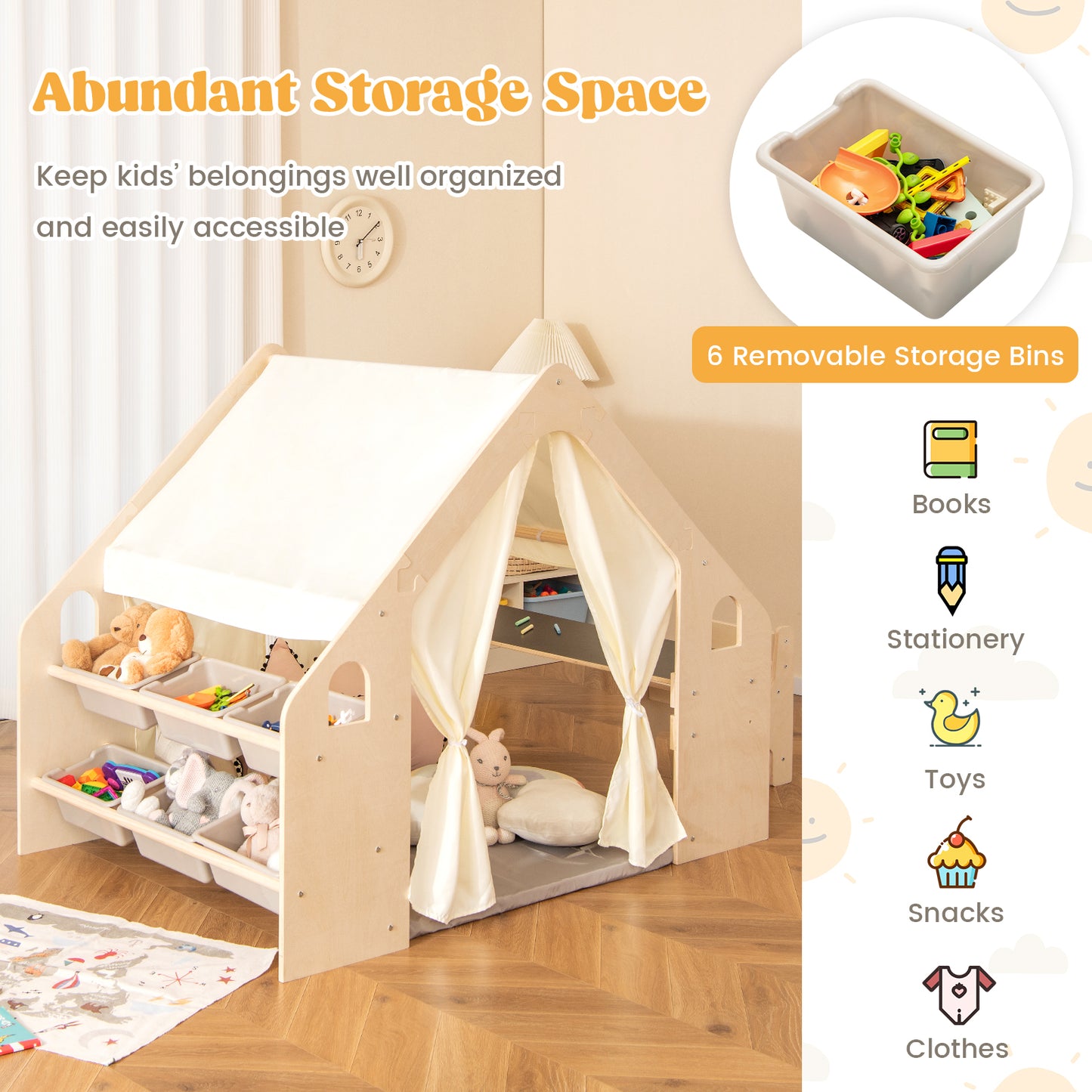 6-in-1 Kids Play Tent Playhouse with Blackboard 6 Storage Bins and Floor Cushion-Beige Kids Crystal