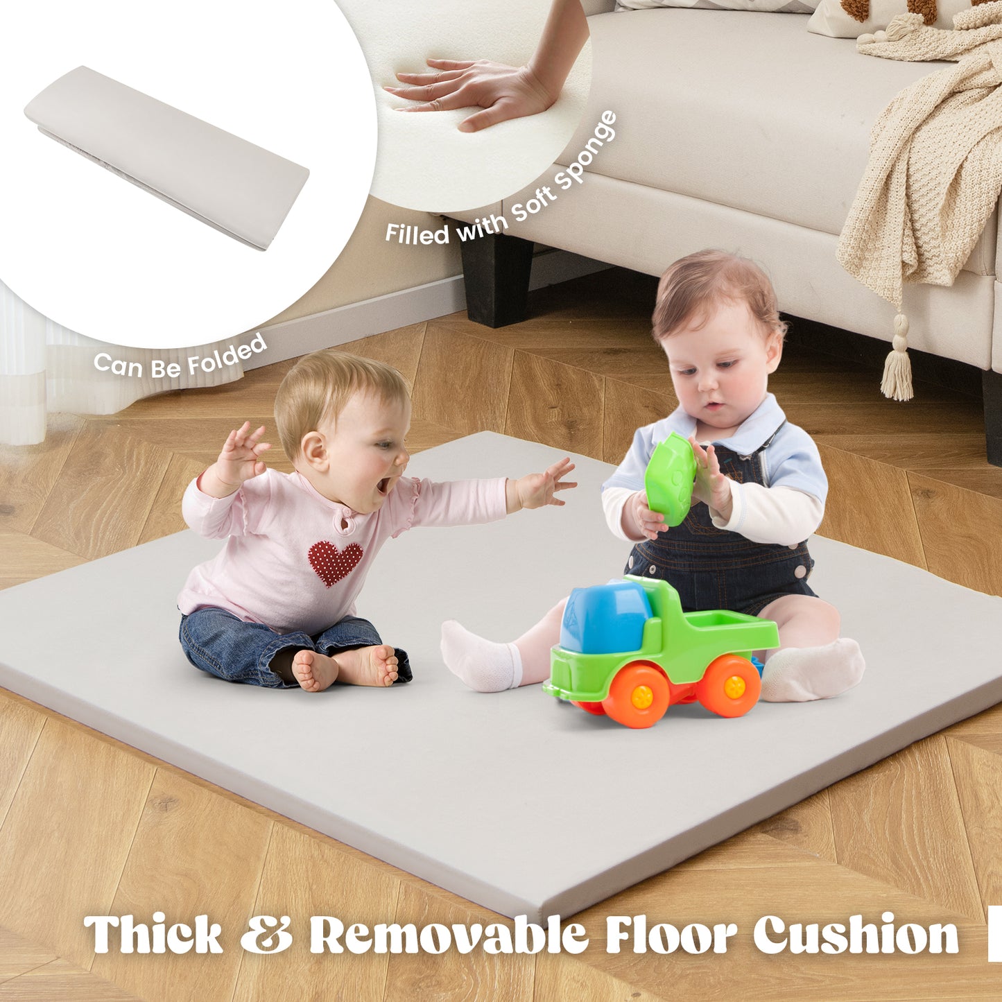 6-in-1 Kids Play Tent Playhouse with Blackboard 6 Storage Bins and Floor Cushion-Beige Kids Crystal