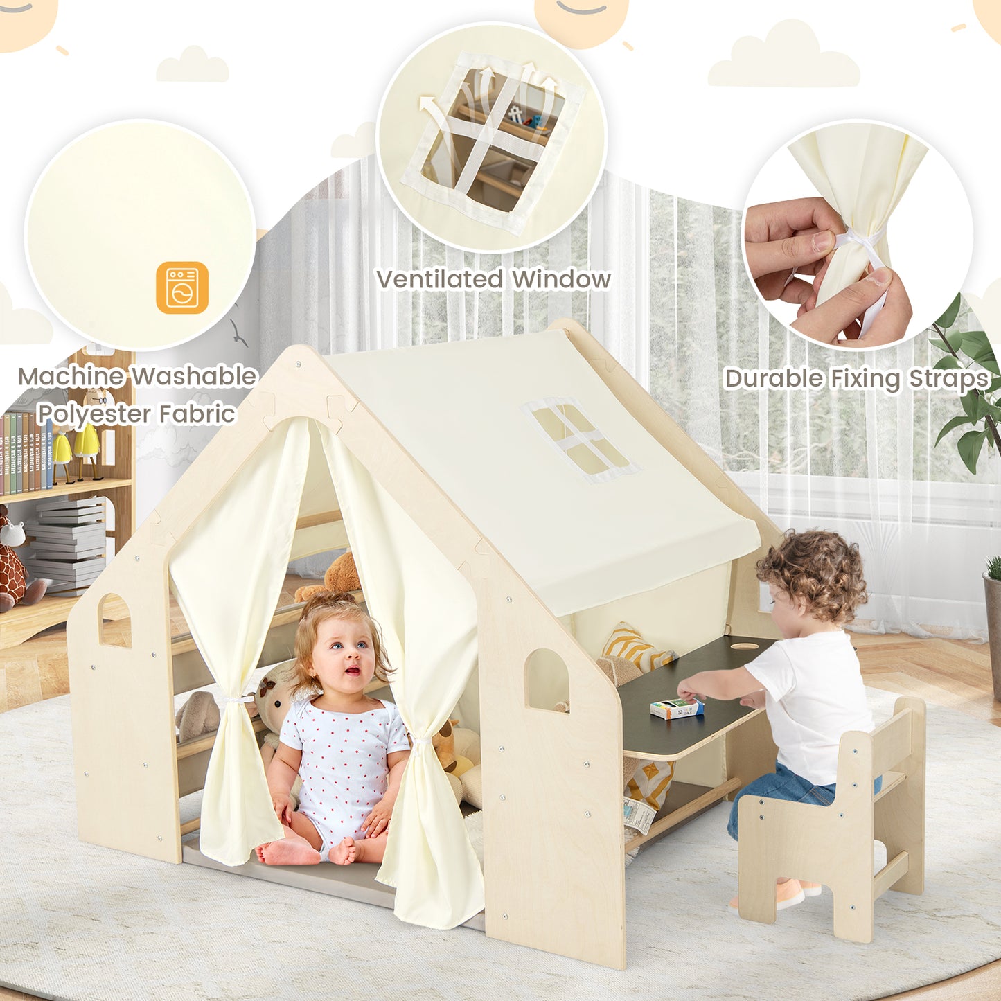 6-in-1 Kids Play Tent Playhouse with Blackboard 6 Storage Bins and Floor Cushion-Beige Kids Crystal
