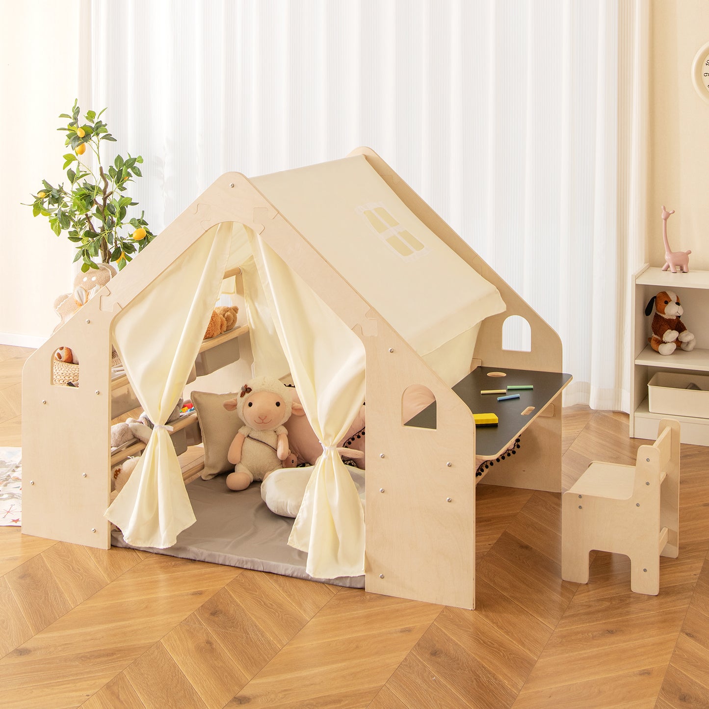 6-in-1 Kids Play Tent Playhouse with Blackboard 6 Storage Bins and Floor Cushion-Beige Kids Crystal