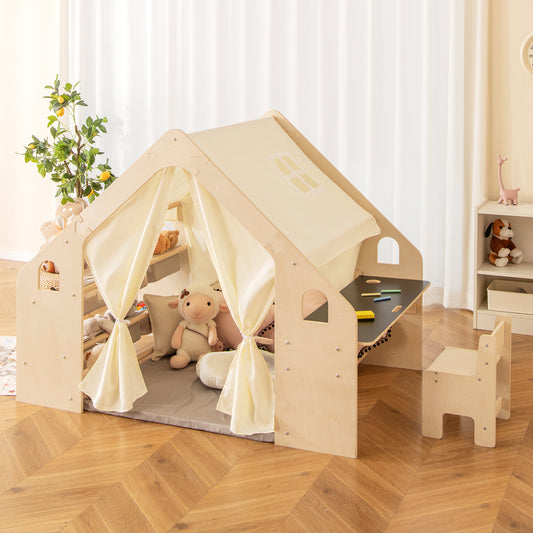 6-in-1 Kids Play Tent Playhouse with Blackboard 6 Storage Bins and Floor Cushion-Beige Kids Crystal