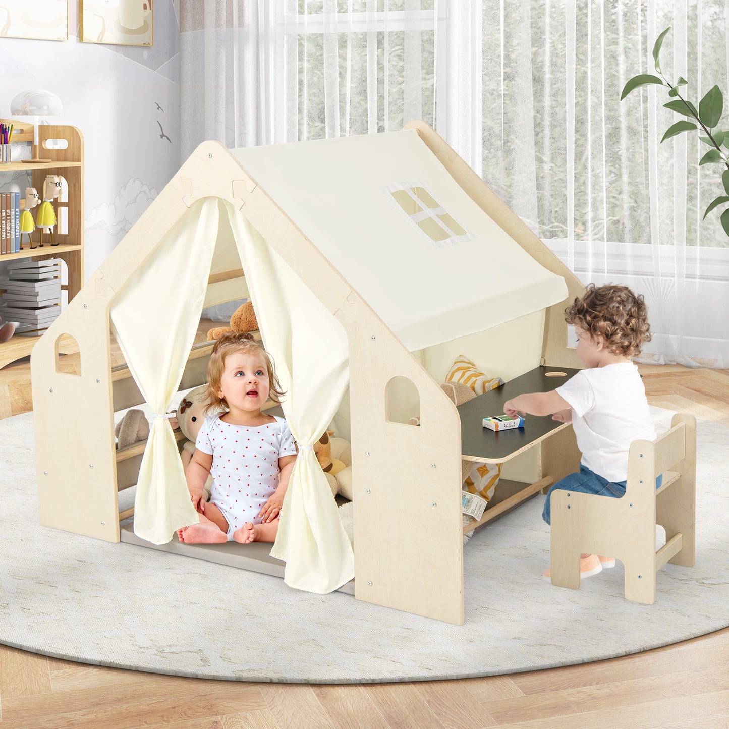 6-in-1 Kids Play Tent Playhouse with Blackboard 6 Storage Bins and Floor Cushion-Beige Kids Crystal