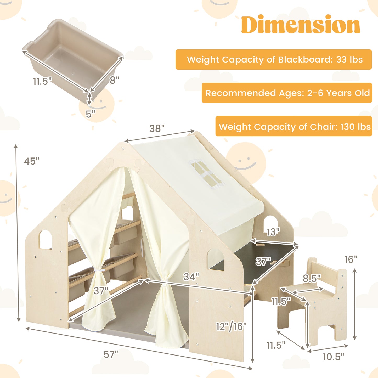 6-in-1 Kids Play Tent Playhouse with Blackboard 6 Storage Bins and Floor Cushion-Beige Kids Crystal