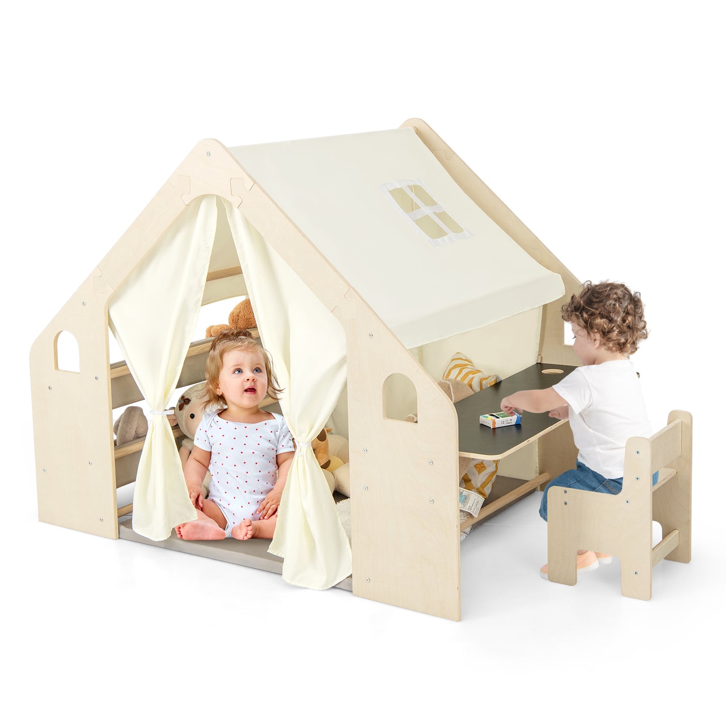 6-in-1 Kids Play Tent Playhouse with Blackboard 6 Storage Bins and Floor Cushion-Beige Kids Crystal