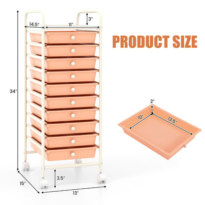 10 Drawer Rolling Storage Cart Organizer with 4 Universal Casters-Cherry