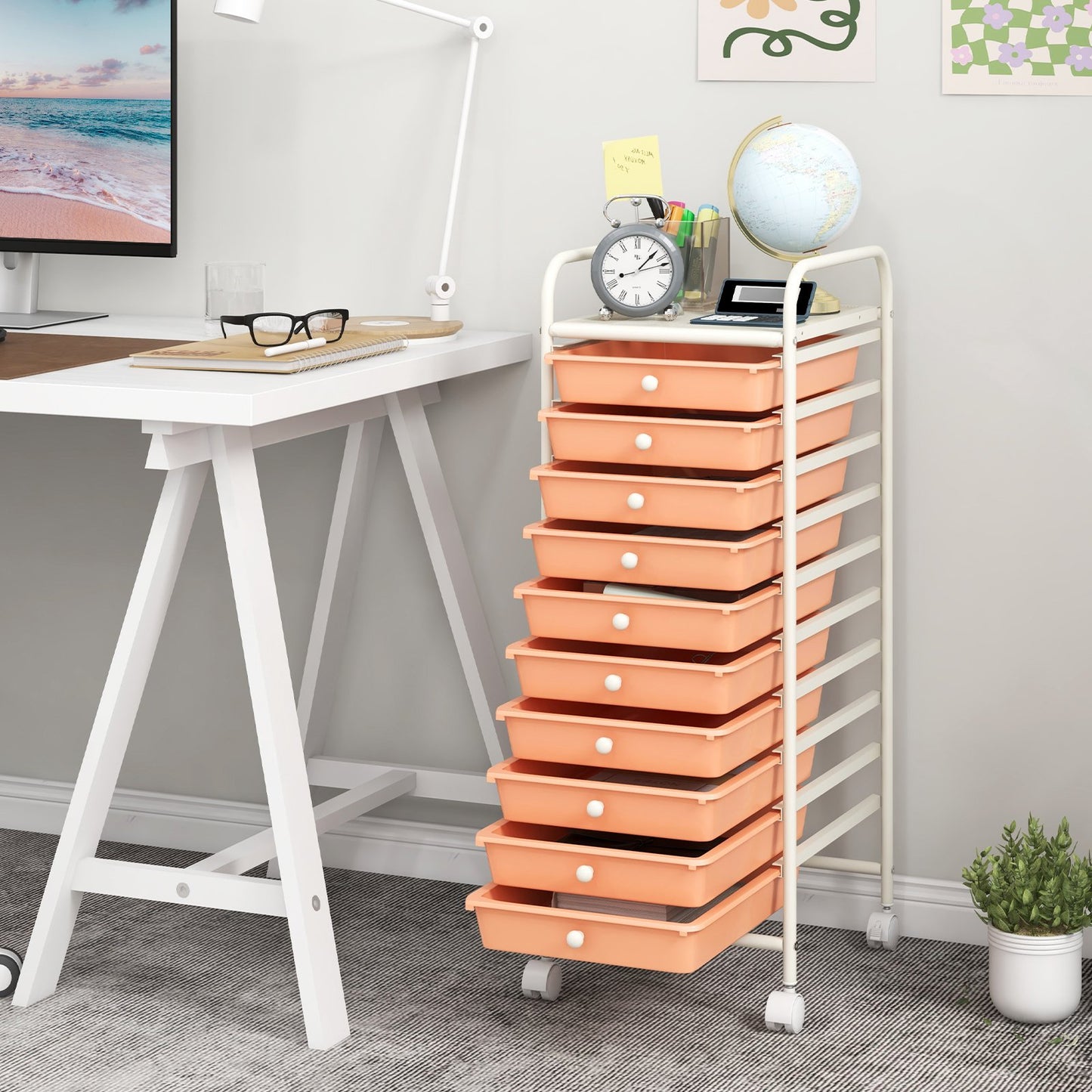 10 Drawer Rolling Storage Cart Organizer with 4 Universal Casters-Cherry Kids Crystal