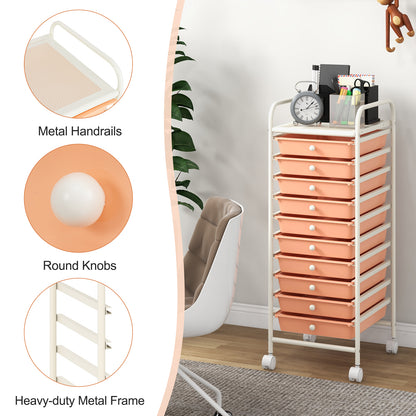 10 Drawer Rolling Storage Cart Organizer with 4 Universal Casters-Cherry