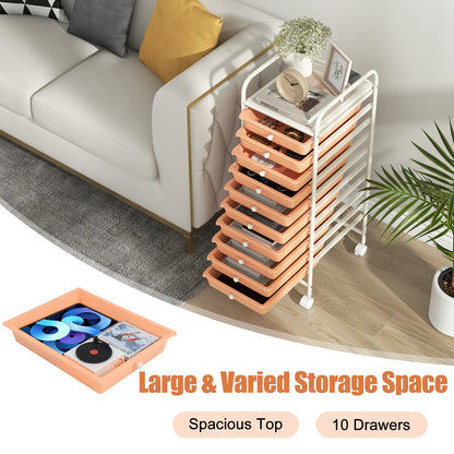 10 Drawer Rolling Storage Cart Organizer with 4 Universal Casters-Cherry