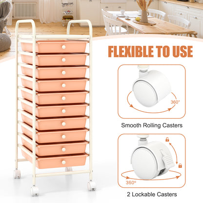 10 Drawer Rolling Storage Cart Organizer with 4 Universal Casters-Cherry