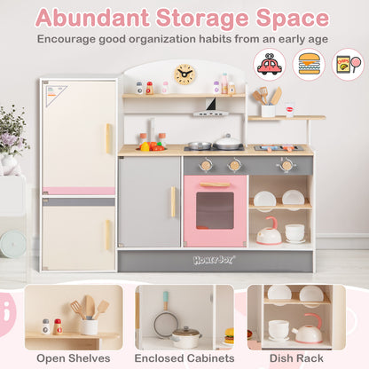 Kids Play Kitchen Set with Realistic Range Hood and Refrigerator
