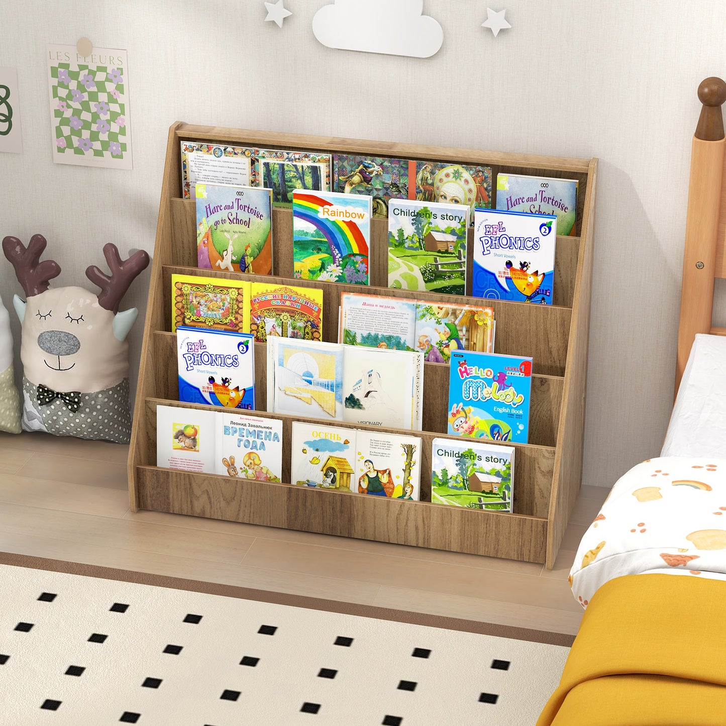 5-Tier Kids Bookshelf with Deep Compartments and Stable Baby Book Case-Natural Kids Crystal