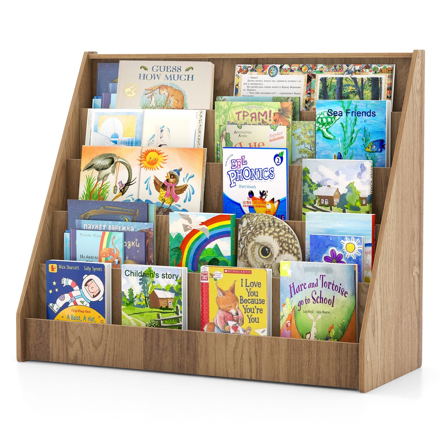 5-Tier Kids Bookshelf with Deep Compartments and Stable Baby Book Case-Natural Kids Crystal