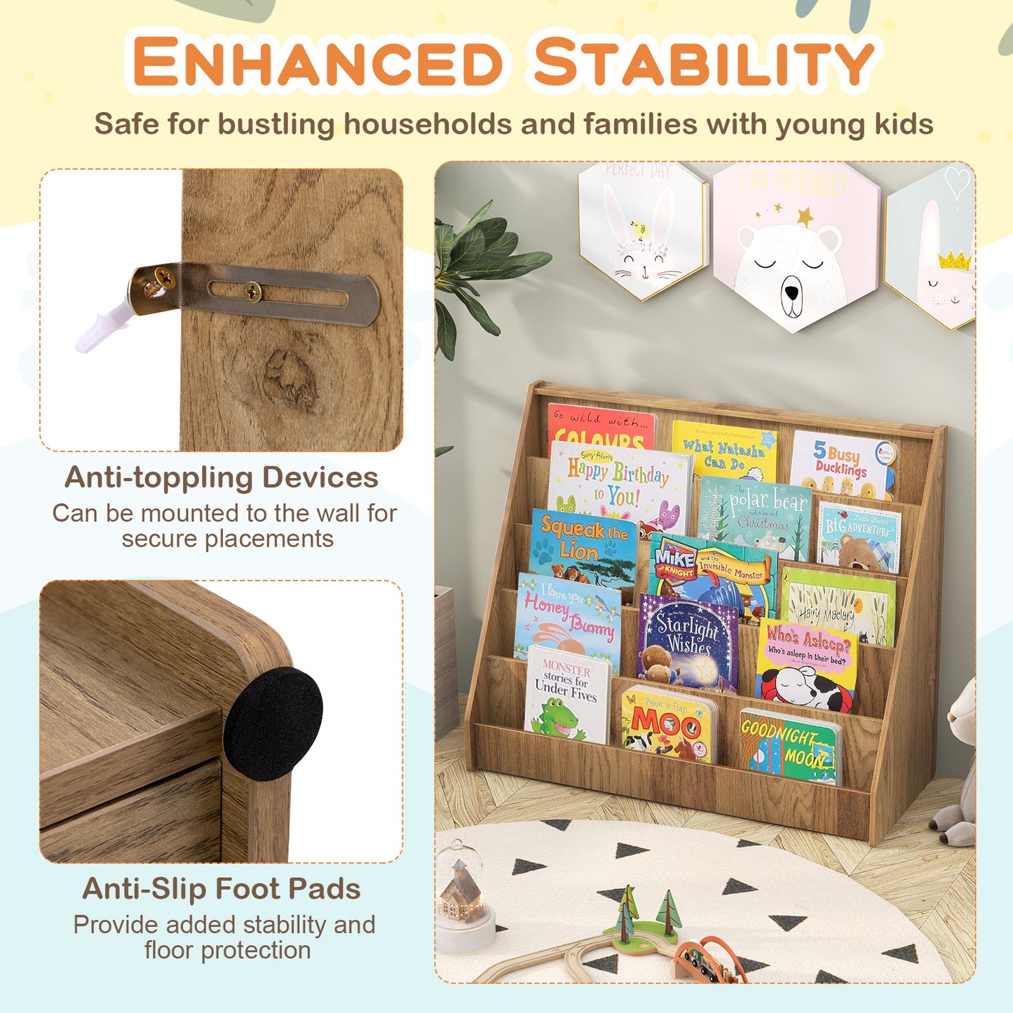5-Tier Kids Bookshelf with Deep Compartments and Stable Baby Book Case-Natural Kids Crystal