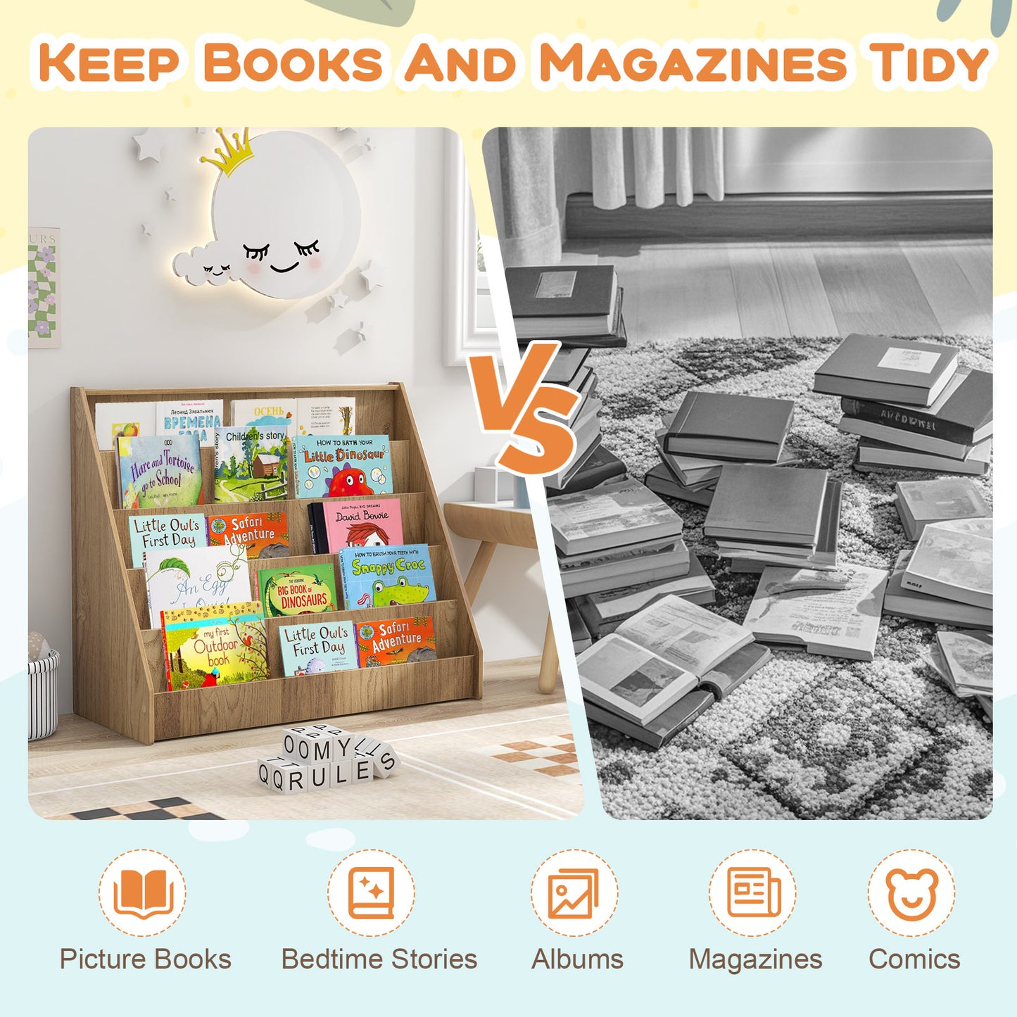 5-Tier Kids Bookshelf with Deep Compartments and Stable Baby Book Case-Natural Kids Crystal