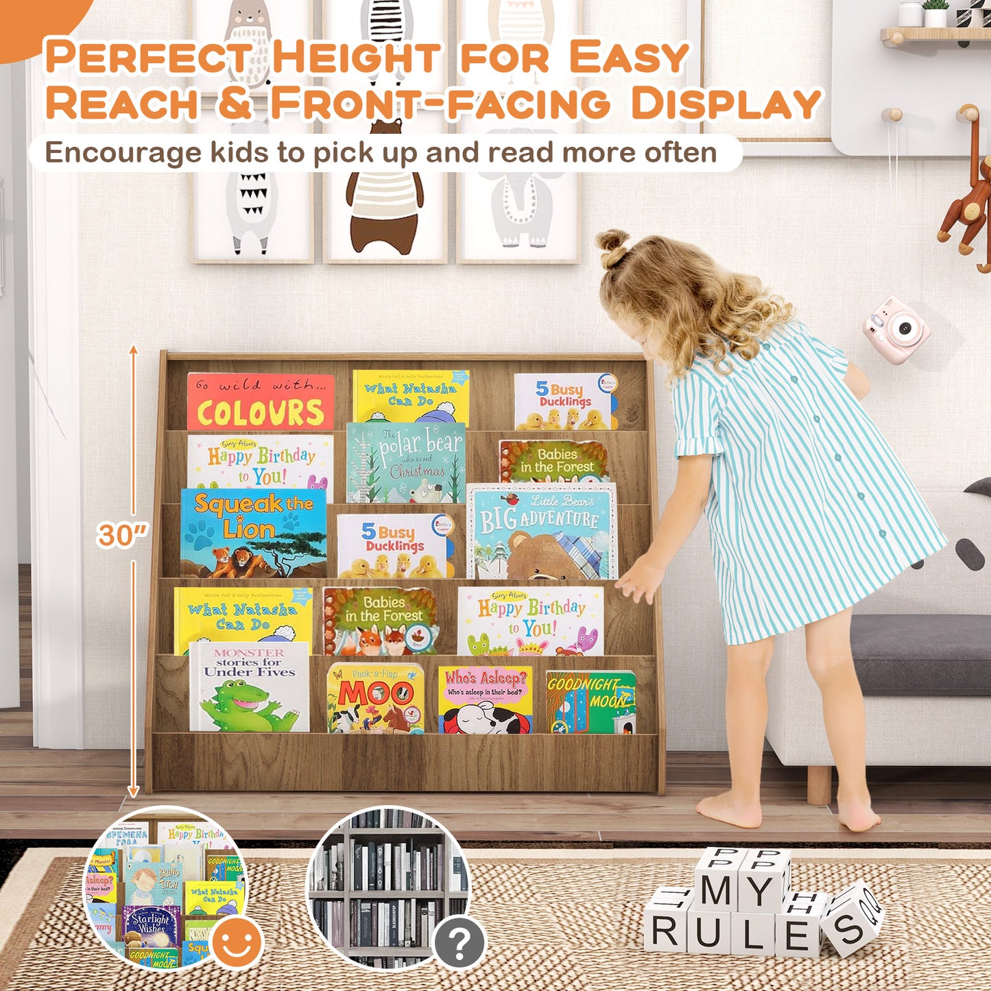 5-Tier Kids Bookshelf with Deep Compartments and Stable Baby Book Case-Natural Kids Crystal