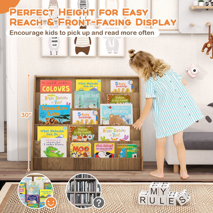 5-Tier Kids Bookshelf with Deep Compartments and Stable Baby Book Case-Natural