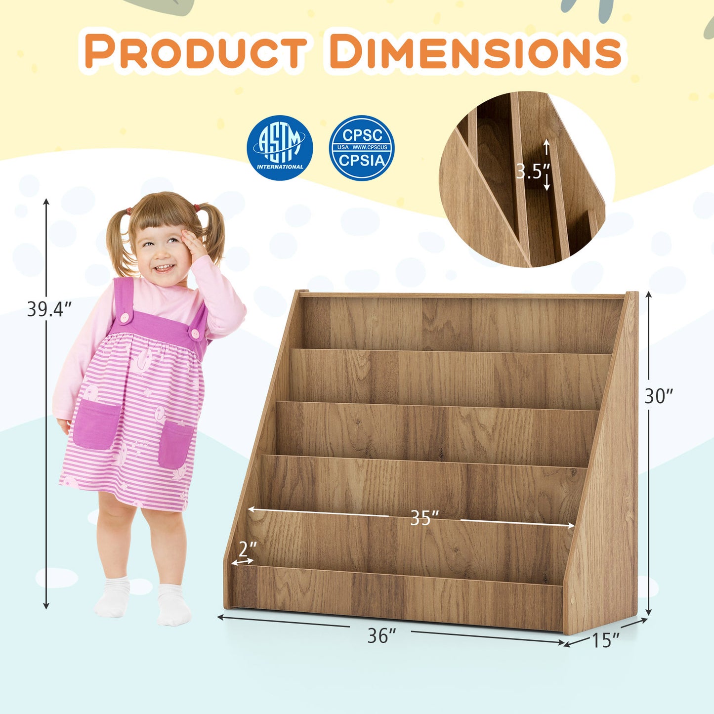 5-Tier Kids Bookshelf with Deep Compartments and Stable Baby Book Case-Natural Kids Crystal