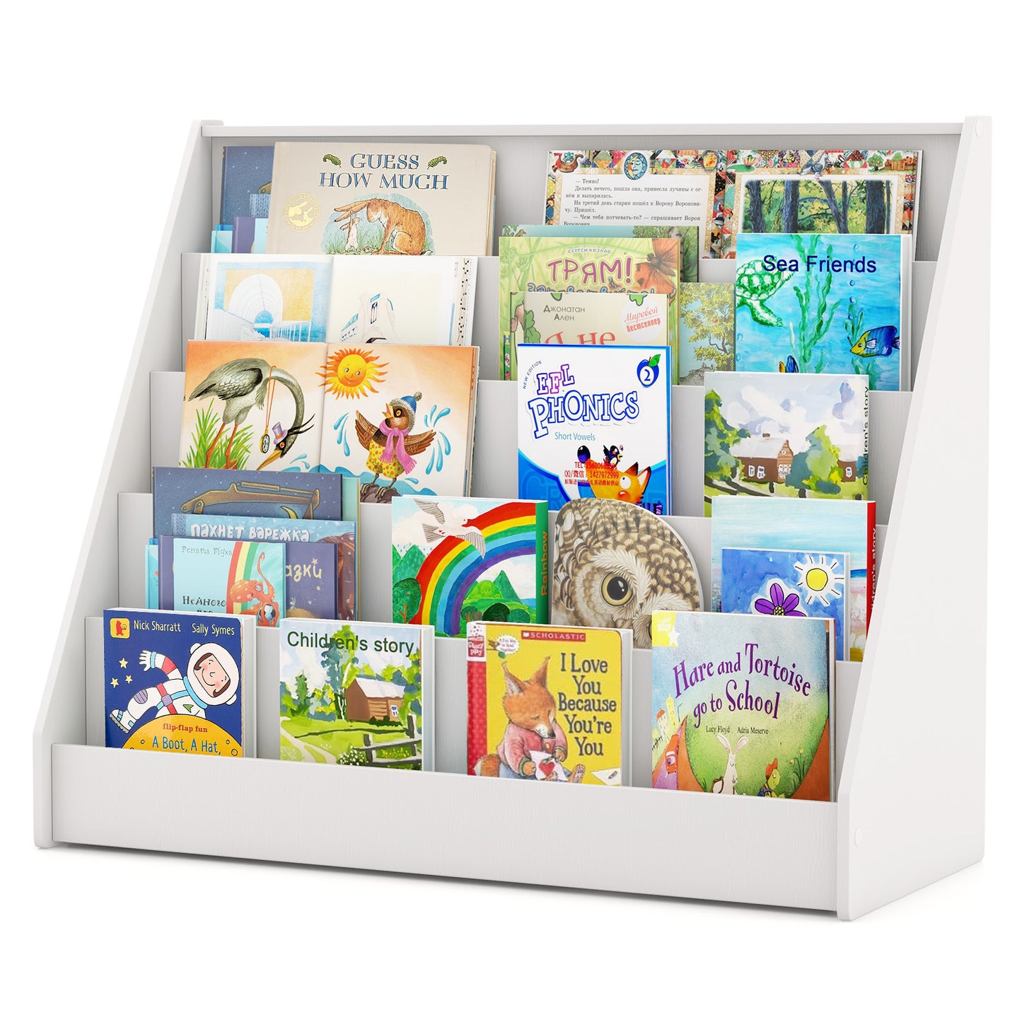 5-Tier Kids Bookshelf with Deep Compartments and Stable Baby Book Case-White Kids Crystal