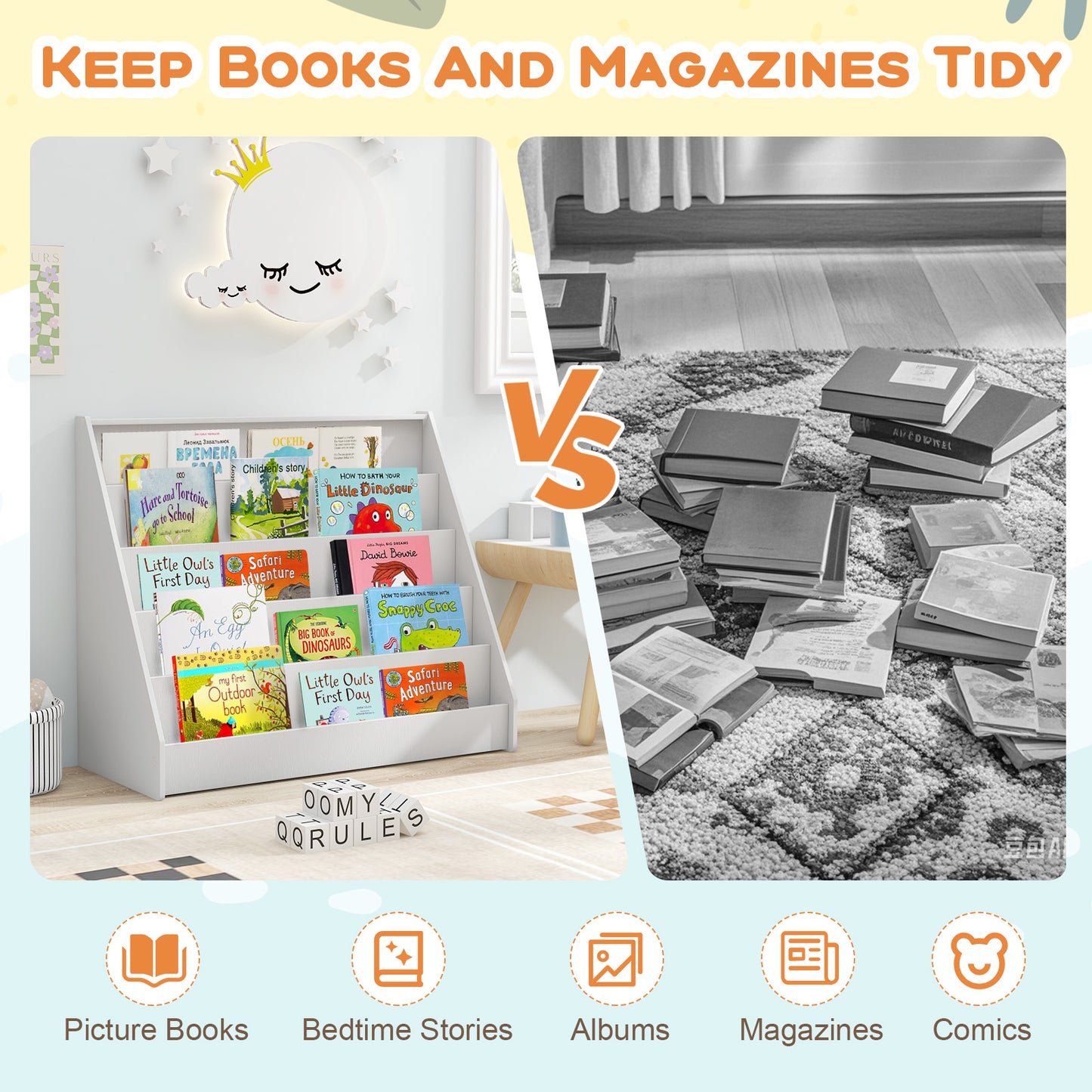 5-Tier Kids Bookshelf with Deep Compartments and Stable Baby Book Case-White Kids Crystal