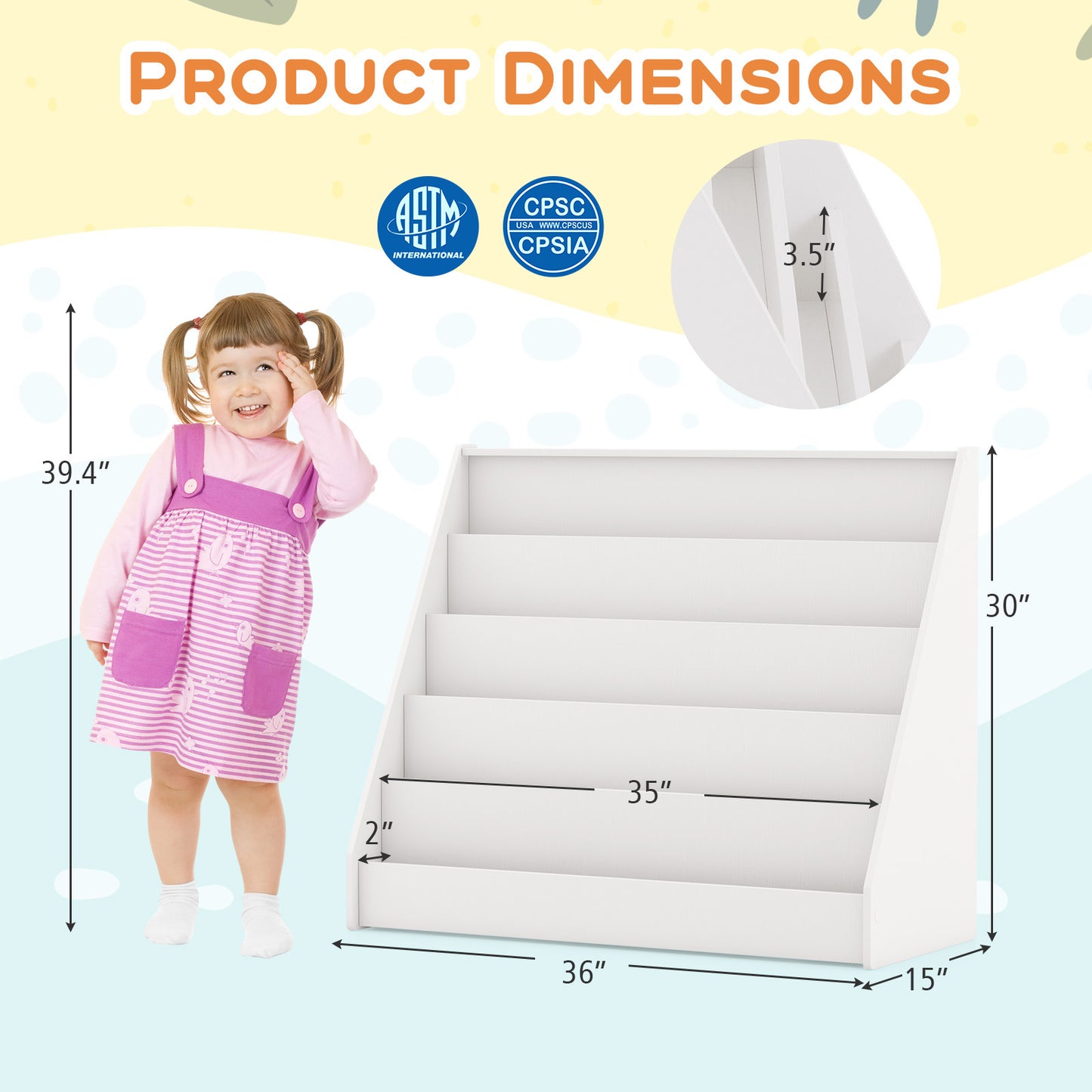 5-Tier Kids Bookshelf with Deep Compartments and Stable Baby Book Case-White Kids Crystal