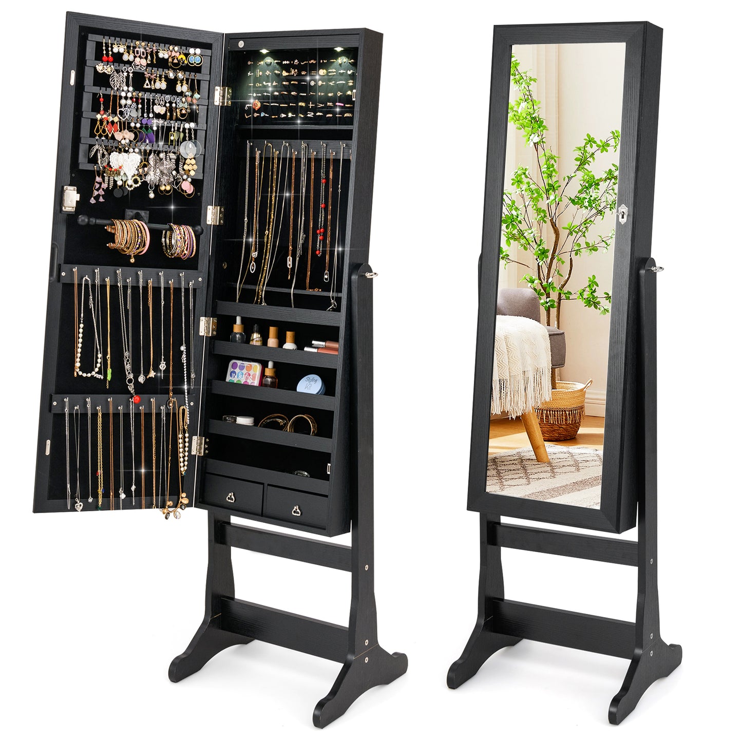 Lockable Freestanding Jewelry Cabinet Armoire with Full-Length Mirror and Lights-Black Kids Crystal