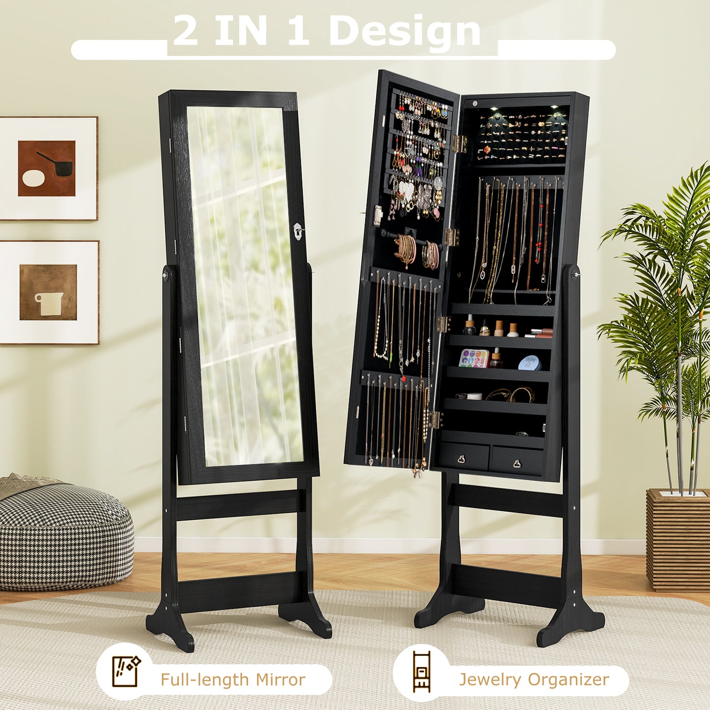 Lockable Freestanding Jewelry Cabinet Armoire with Full-Length Mirror and Lights-Black Kids Crystal