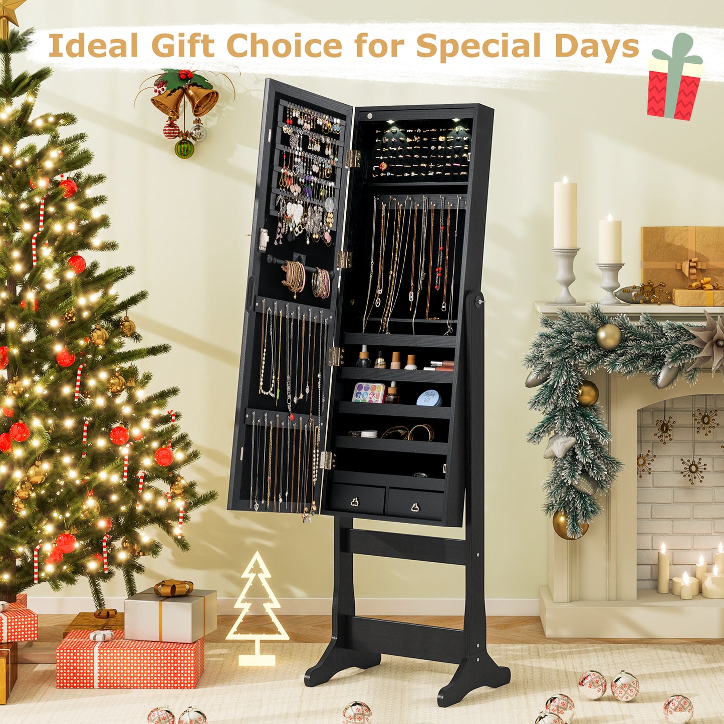 Lockable Freestanding Jewelry Cabinet Armoire with Full-Length Mirror and Lights-Black Kids Crystal
