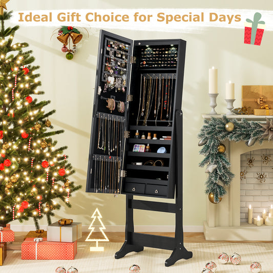 Lockable Freestanding Jewelry Cabinet Armoire with Full-Length Mirror and Lights-Black Kids Crystal