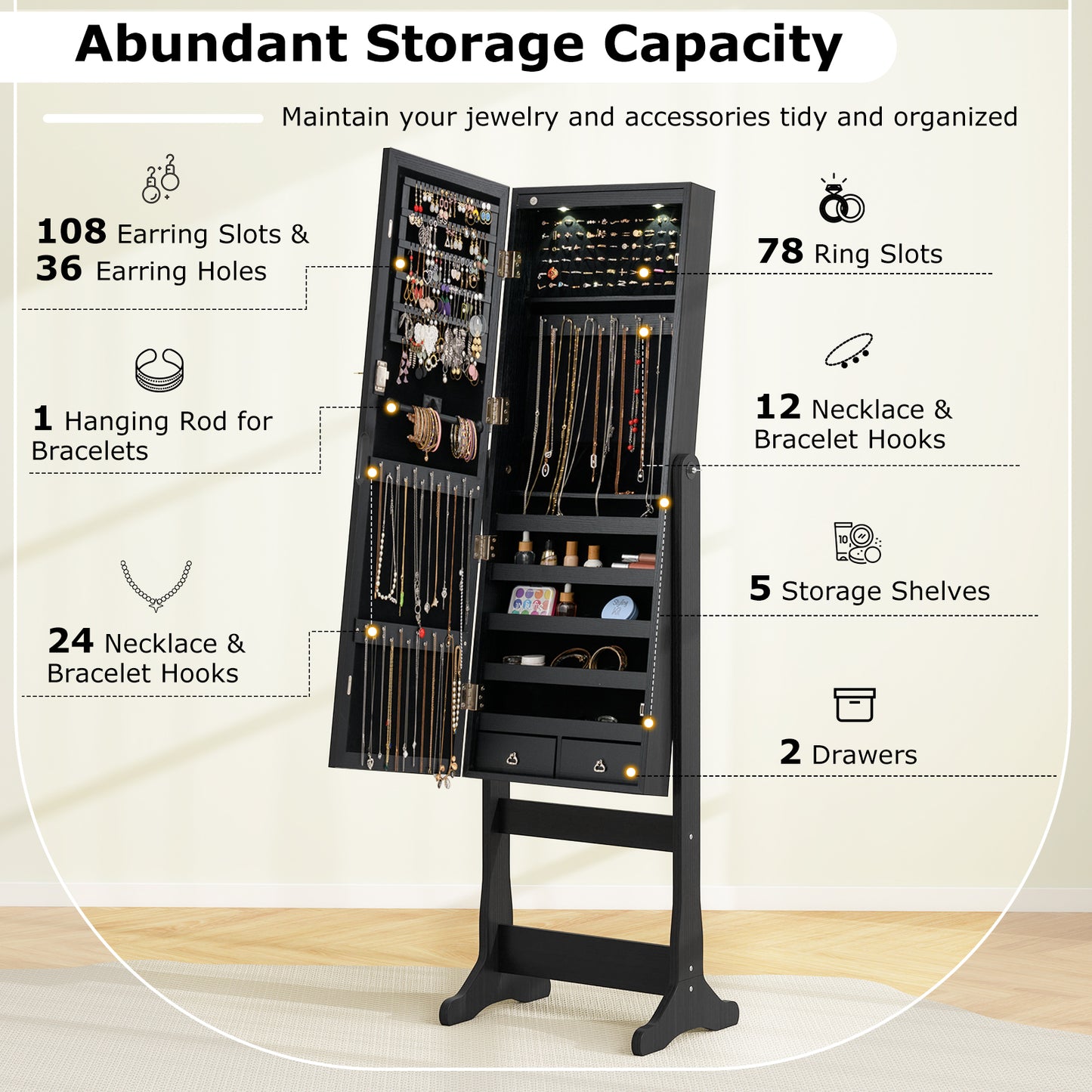 Lockable Freestanding Jewelry Cabinet Armoire with Full-Length Mirror and Lights-Black Kids Crystal