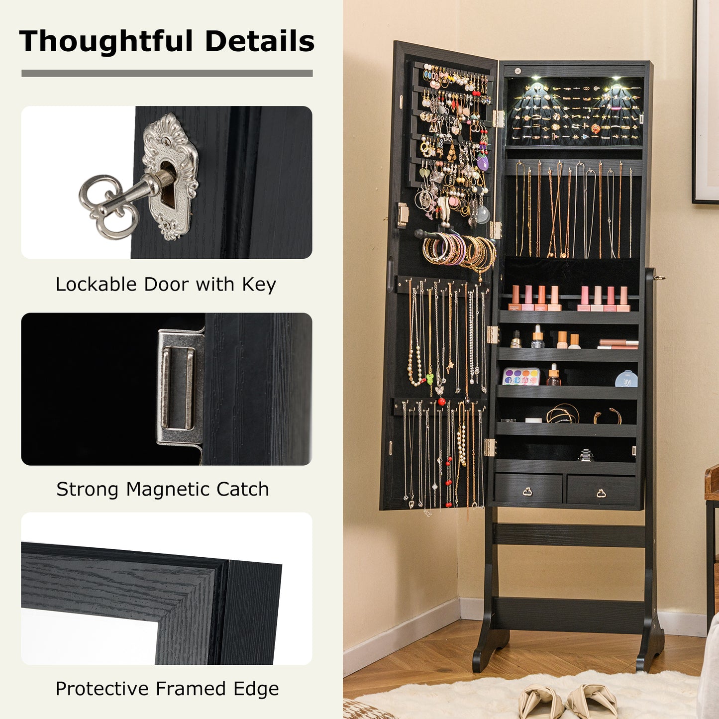 Lockable Freestanding Jewelry Cabinet Armoire with Full-Length Mirror and Lights-Black Kids Crystal