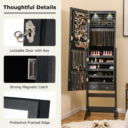 Lockable Freestanding Jewelry Cabinet Armoire with Full-Length Mirror and Lights-Black