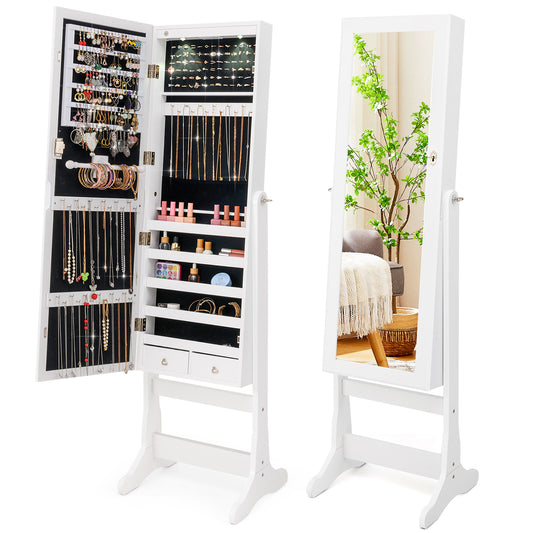 Lockable Freestanding Jewelry Cabinet Armoire with Full-Length Mirror and Lights-White Kids Crystal