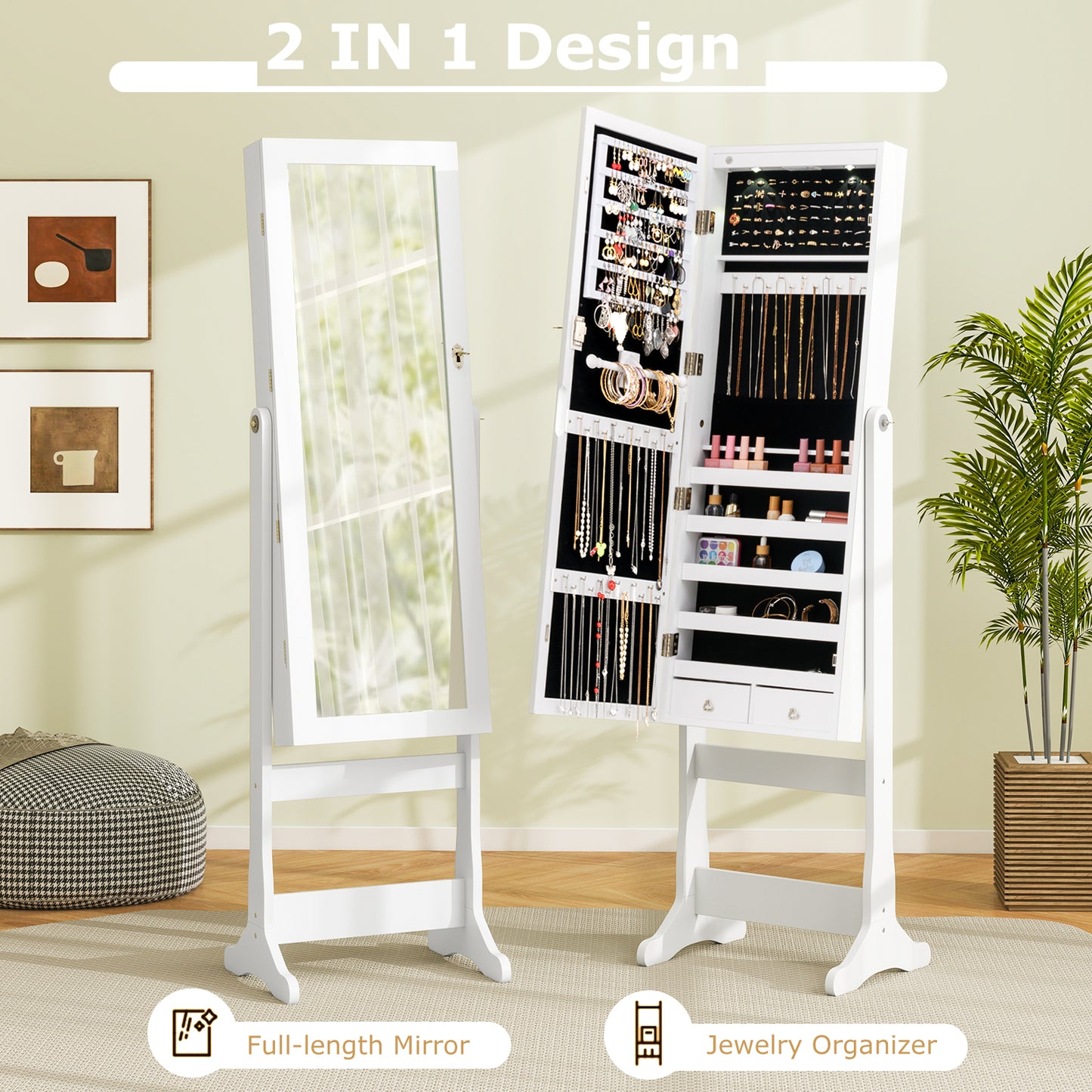 Lockable Freestanding Jewelry Cabinet Armoire with Full-Length Mirror and Lights-White Kids Crystal