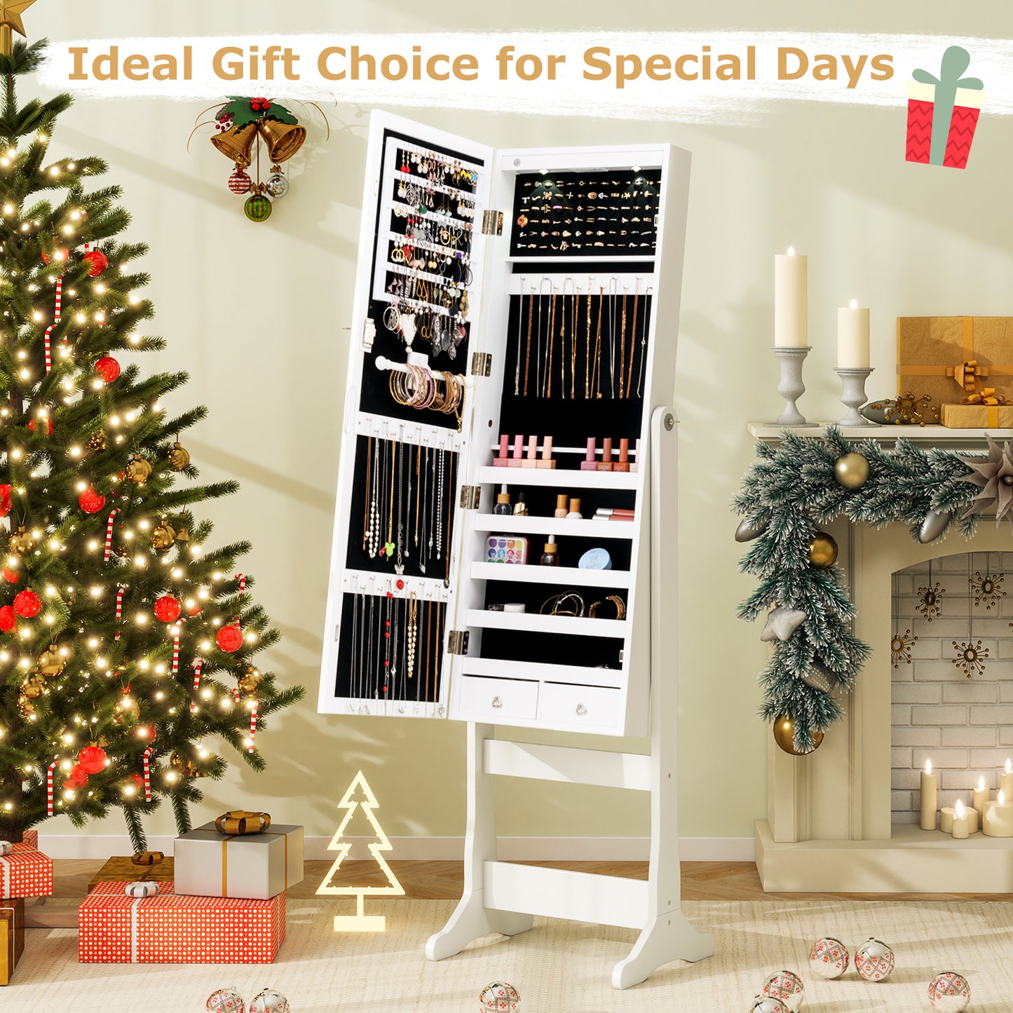 Lockable Freestanding Jewelry Cabinet Armoire with Full-Length Mirror and Lights-White Kids Crystal