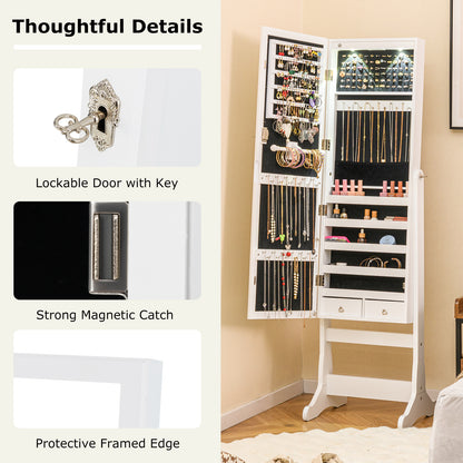 Lockable Freestanding Jewelry Cabinet Armoire with Full-Length Mirror and Lights-White
