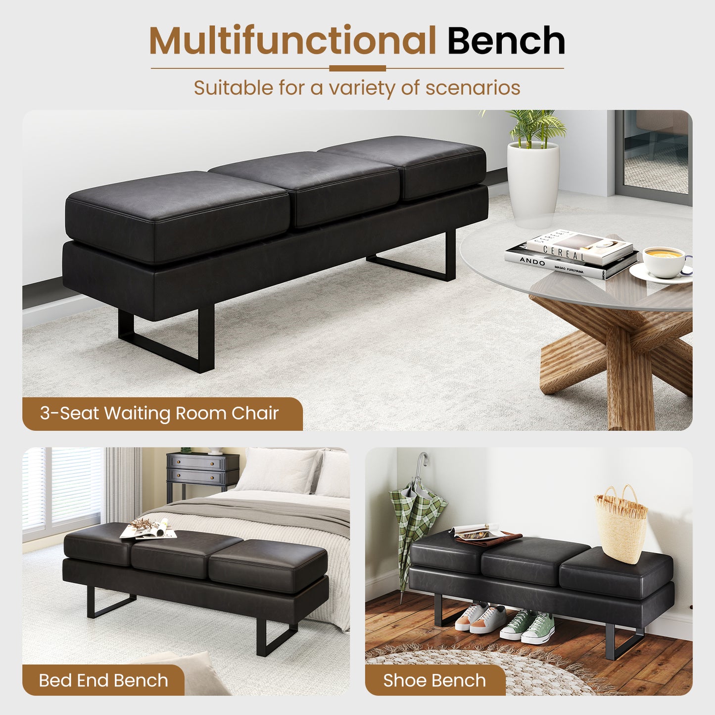 Waiting Room Bench Seating Long Bench with Metal Frame Leg-Black Kids Crystal