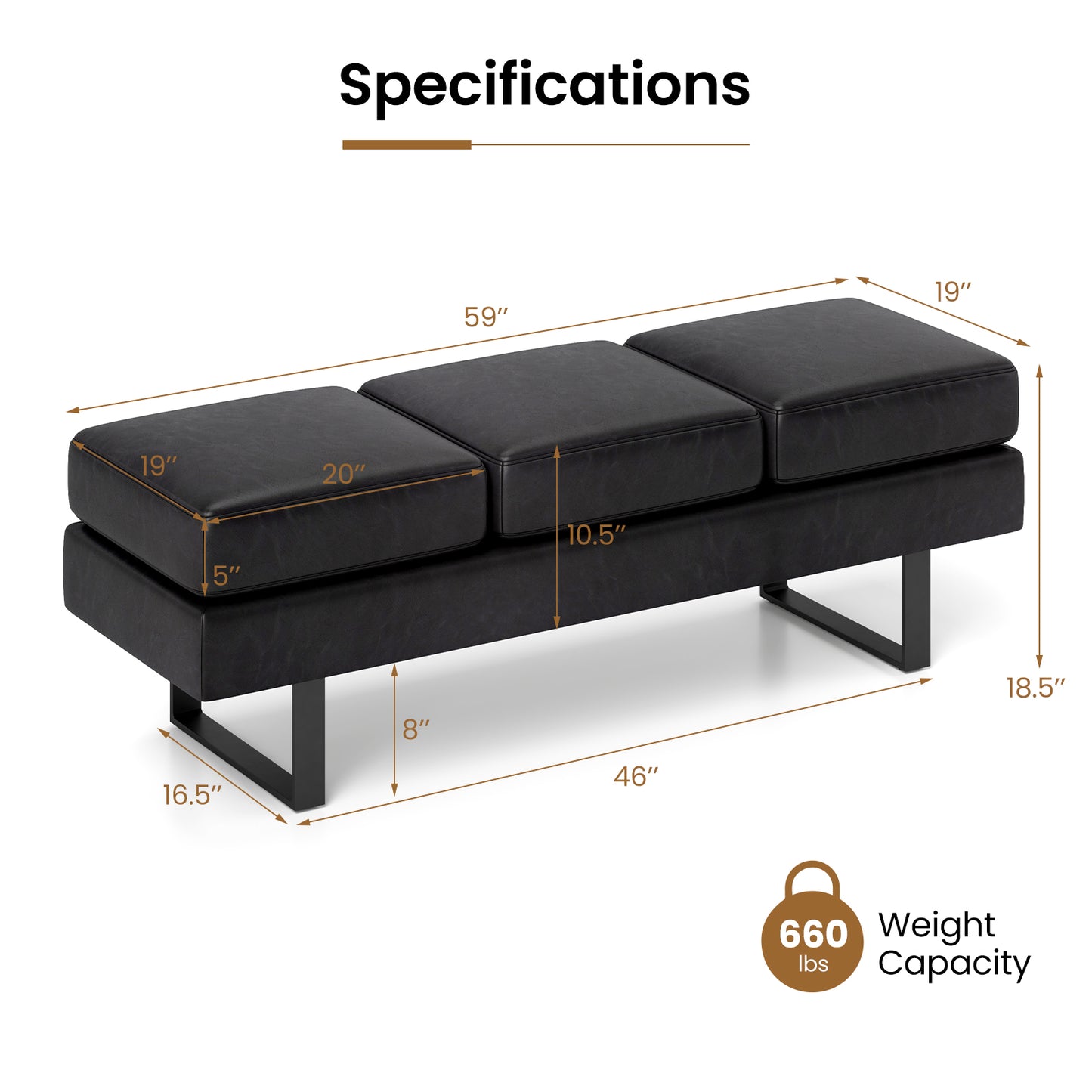 Waiting Room Bench Seating Long Bench with Metal Frame Leg-Black Kids Crystal