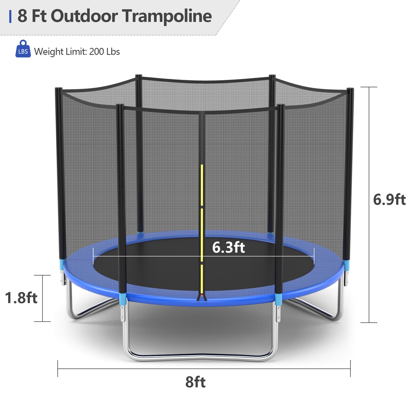 8 feet Safety Jumping Round Trampoline with Spring Safety Pad Kids Crystal