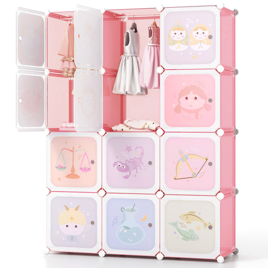 12 Cube Kids Wardrobe Closet with Hanging Section and Doors-White and Pink Kids Crystal