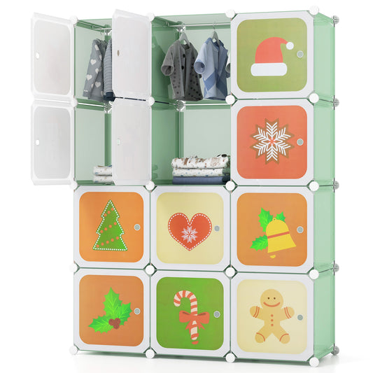 12 Cube Kids Wardrobe Closet with Hanging Section and Doors-Green Kids Crystal