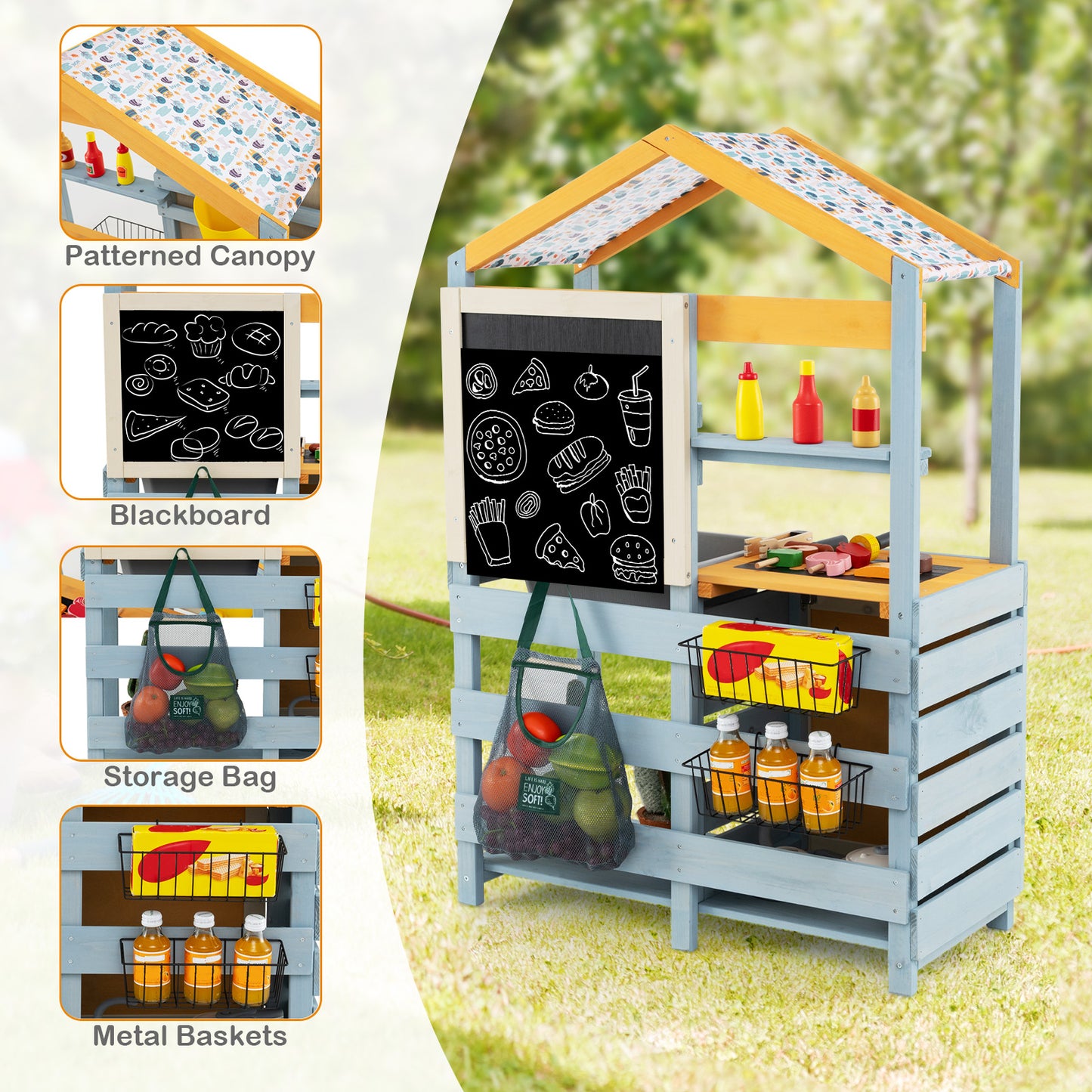 2 in 1 Wooden Mud Kitchen with Removable Water Box and Storage Bag-Gray Kids Crystal