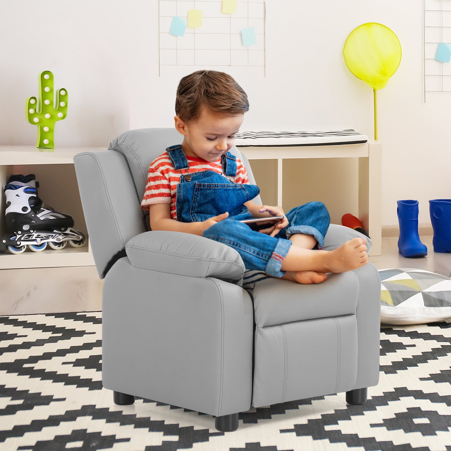 Kids Deluxe Headrest  Recliner Sofa Chair with Storage Arms-Gray